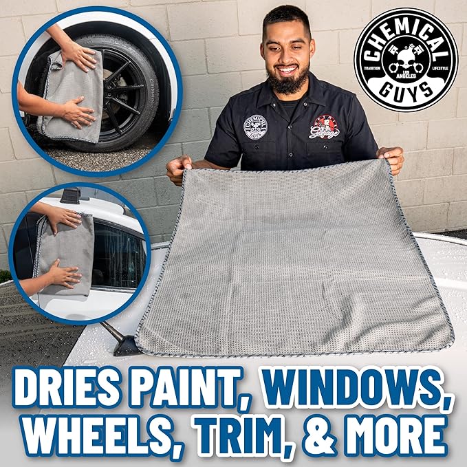 Chemical Guys Waffle Weave Gray Matter Microfiber Drying Towel - 25" x 36", Premium Blend Microfiber Towel with Soft-Banded Edging for Scratch-Free Car Drying, Ultra Absorbent