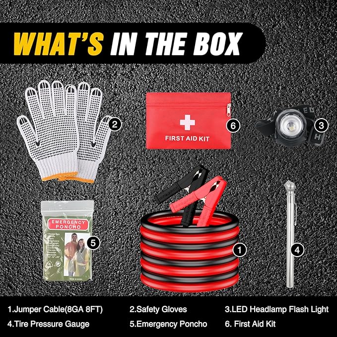 Nilight Car Emergency Kit with Jumper Cable Air Compressor Tire Repair Essential Tools First Aid Alligator Connector Electrical Kit for Travel Camping Outdoor Cars Truck SUV RV