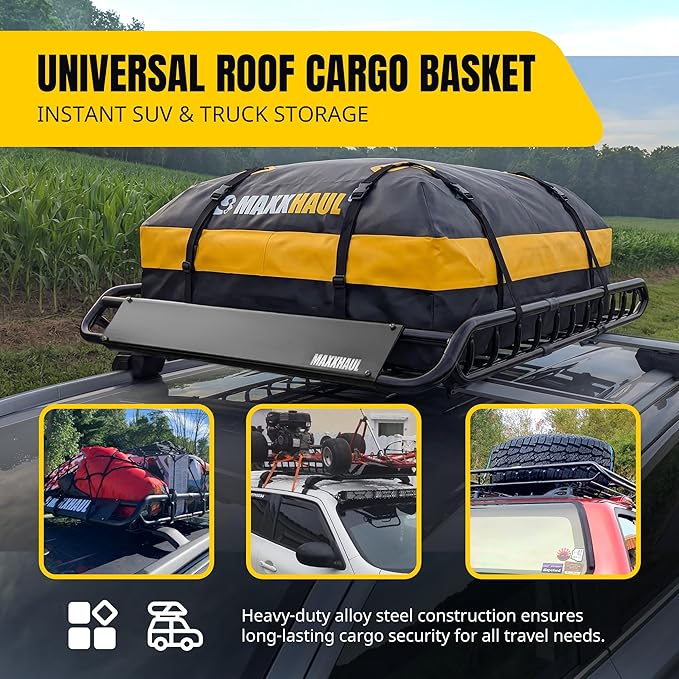 MaxxHaul Steel Roof Rack Cargo Basket, 46" x 36" x 4.5" Roof Top Carrier, Universal Fit for Cars, SUVs, Vans, and RVs, 150 lb Capacity, Weather-Resistant Easy-Install Cargo Storage (70115)