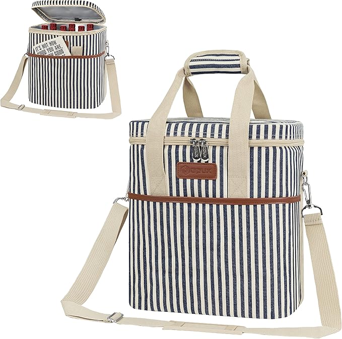 opux 6 Bottle Carrier Tote | Insulated Padded Wine Cooler Bag for Travel. Picnic, BYOB | Portable Leakproof Wine Tote Bag for Dinner, Party, Christmas, Wine Gift for Women, Men (Stripe Navy)