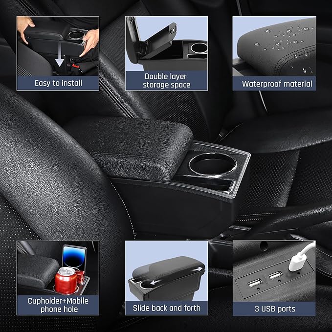 YJYWZH Armrest Box for Hyundai Accent Verna Accessories 2017-2020 Armrest for Car Center Console Organizer Double Layer Storage Space with 3 USB Ports, Black Thread