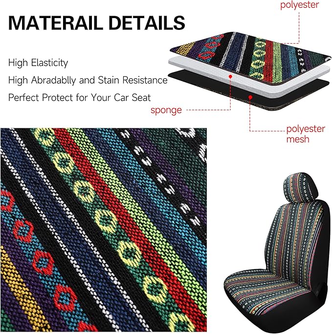 Pariitadin Baja Saddle Blanket Car Seat Covers Front Set with Seat Belt Pads, Washable Breathable Striped Woven Cloth Seat Covers for Cars, Universal Fit Most Cars, Airbag Compatible, Red/Blue