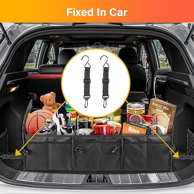 YSSOA Multi Compartments Car Trunk Organizer, 600D Anti-slip Waterproof Oxford Polyester Car Storage, with Adjustable Strap, 15"D x 32"W x 12"H Collapsible Trunk Storage, for SUV, Truck, Black