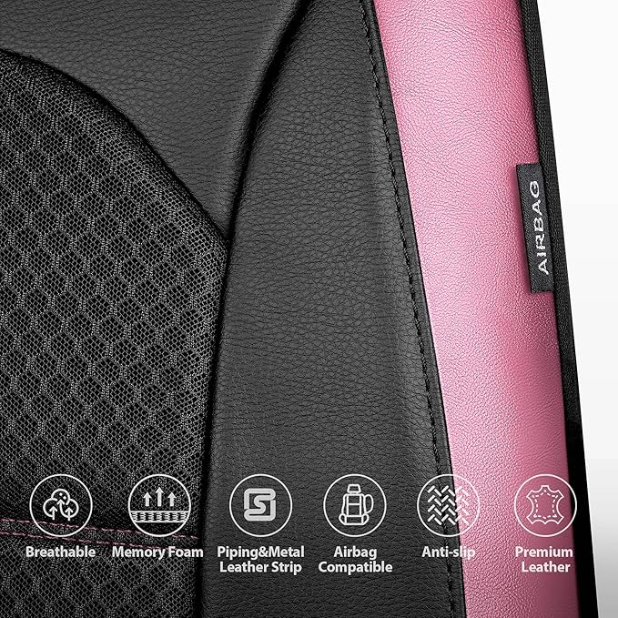 CAR PASS Memory Foam Car Seat Covers,Air Cool Mesh Thick Seat Covers Front Seats,Pink Metal Film Leather Seat Cover for Car,Universal Automotive Comfort for Most Car,Truck,Airbag Compatible,Black Pink