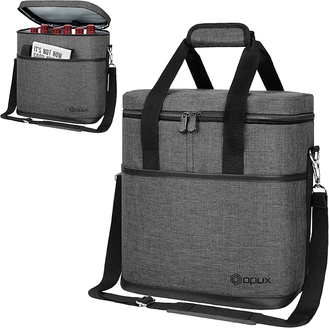 opux 6 Bottle Carrier Tote | Insulated Padded Wine Cooler Bag for Travel. Picnic, BYOB | Portable Leakproof Wine Tote Bag for Dinner, Party, Christmas, Wine Gift for Women, Men (Charcoal Gray)
