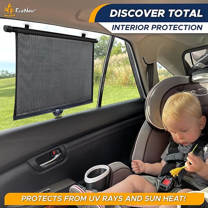EcoNour Car Window Shades for Baby (2 Pack) - Upgraded | Shades for Side Window | Comes with Enhanced Suction Cups & Large Clips for Durability | Baby Car Accessories (15" x 17")
