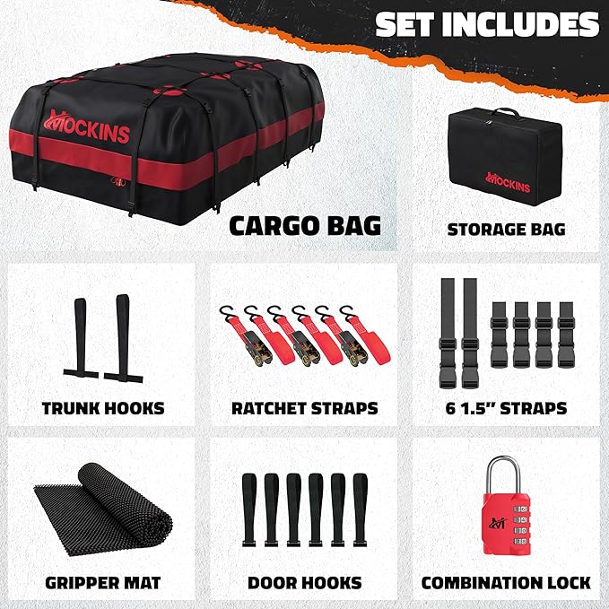 Mockins 45 CuFt XL Waterproof Rooftop Cargo Carrier Bag | 75"x48"x22" Heavy-Duty Car Roof Cargo Carrier for Use with or Without Roof Rack | All-Weather Car Bag with Mat, Lock, Hooks, Straps & Case