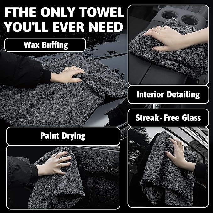 Greenfound Microfiber Towel for Cars, 1000GSM Car Drying Towel, Double Twist Pile & Edgeless Design, No Streaks, Scratches, or Water Spots, Soft and Absorbent, 18"×24", Wave Grey