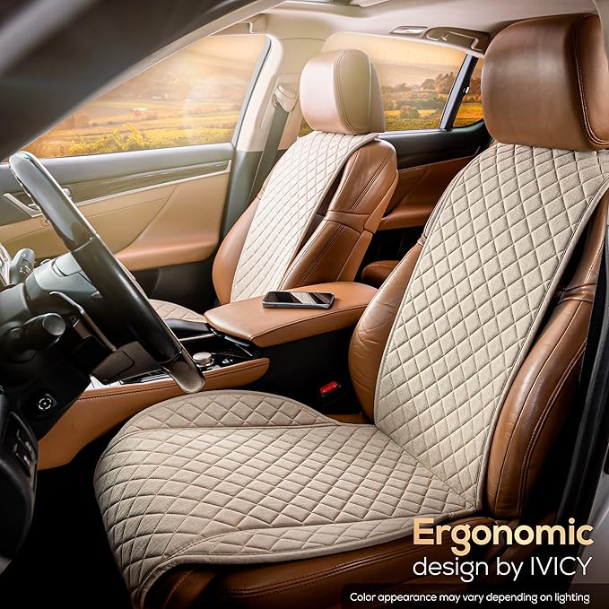 IVICY Faux Linen Front Car Seat Cover – Durable, Non-Slip Seat Protector for Cars – 1 Unit, Light Beige