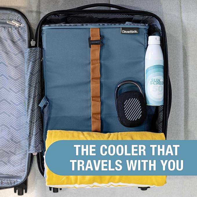 CleverMade Collapsible Backpack Cooler, 24 Can Insulated Backpack Cooler, Soft Sided Cooler Back Pack for Travel, Beach Cooler, Leakproof, Folds Flat - Ocean Cognac