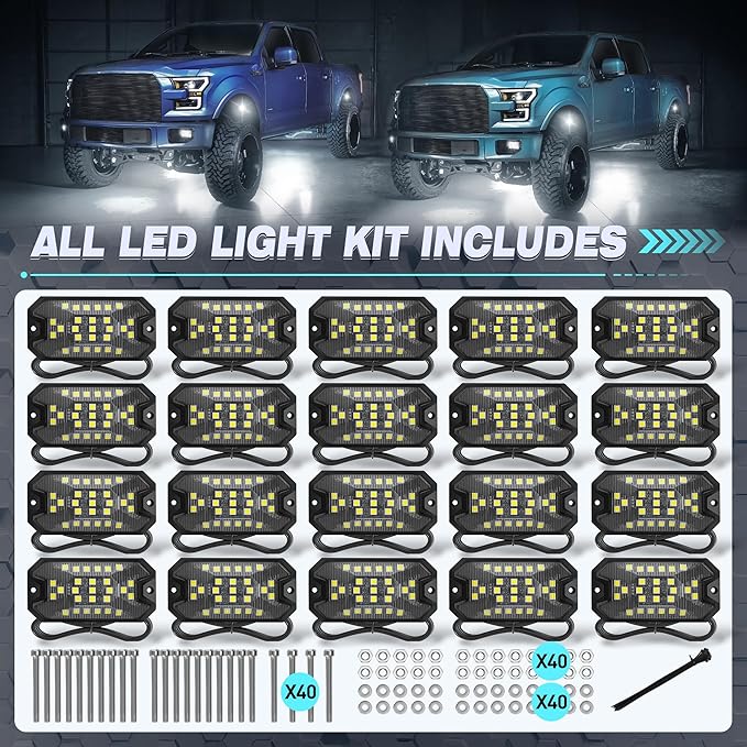 20 Pods Pure White Rock Lights 6000K Pure White 27 LEDs Super Bright LED Underglow Neon Light, 10m Extension Wire, IP68 Waterproof for Trucks Pickup SUV UTV ATV RZR Car Boats