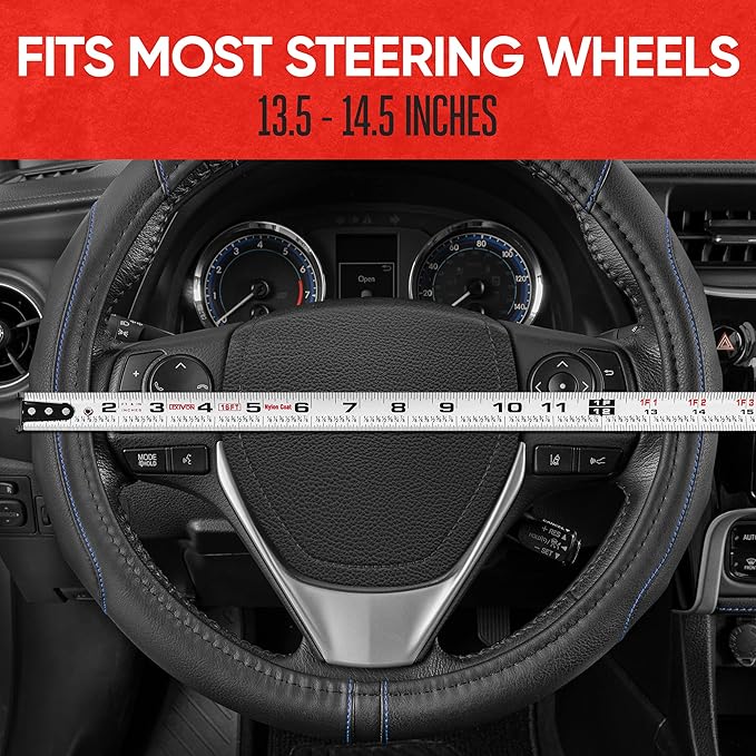 Motor Trend GripDrive Faux Black Leather Steering Wheel Cover for Car Truck Van SUV, Standard 15 inch Size, Blue Accent Stitched Car Steering Wheel Cover Vehicle & Auto Accessories