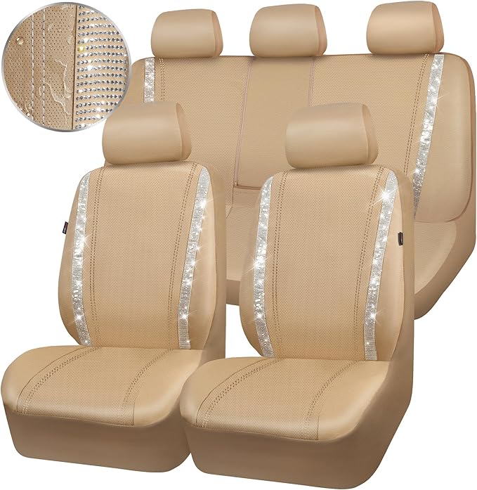 CAR PASS Bling Diamond Car Seat Covers Full Set, Shining Glitter Rhinestone Waterproof Faux Leather Interior Sets Universal Fit Automotive Glitter Crystal Sparkle Strips for Cute Women Girl, Beige