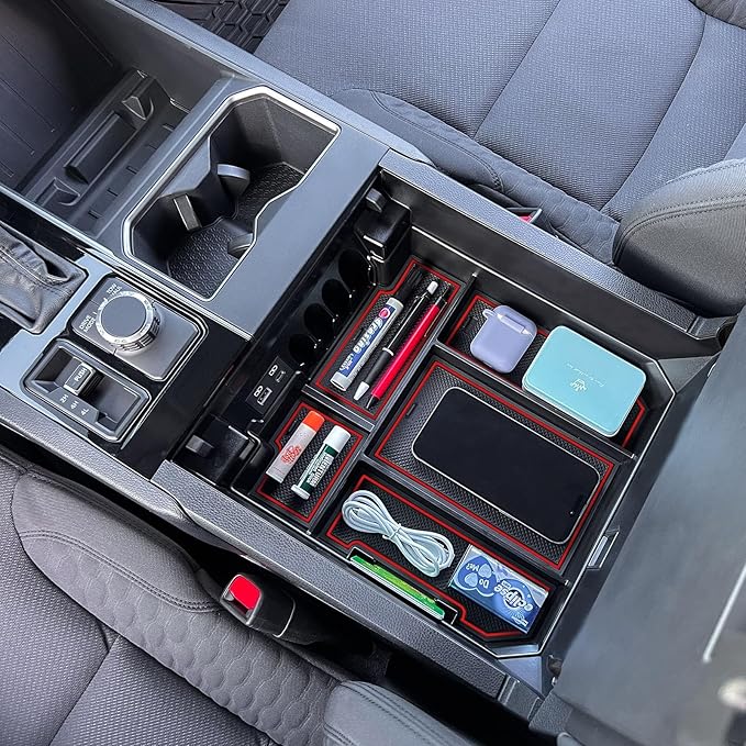 TOPINSTALL Red Full-Size Console Tray Compatible with 2022-2026 Toyota Tundra / 2023-2026 Sequoia Accessories Armrest Storage Box Tray with Anti-Slip Inserts (Not for the Console with Safe)