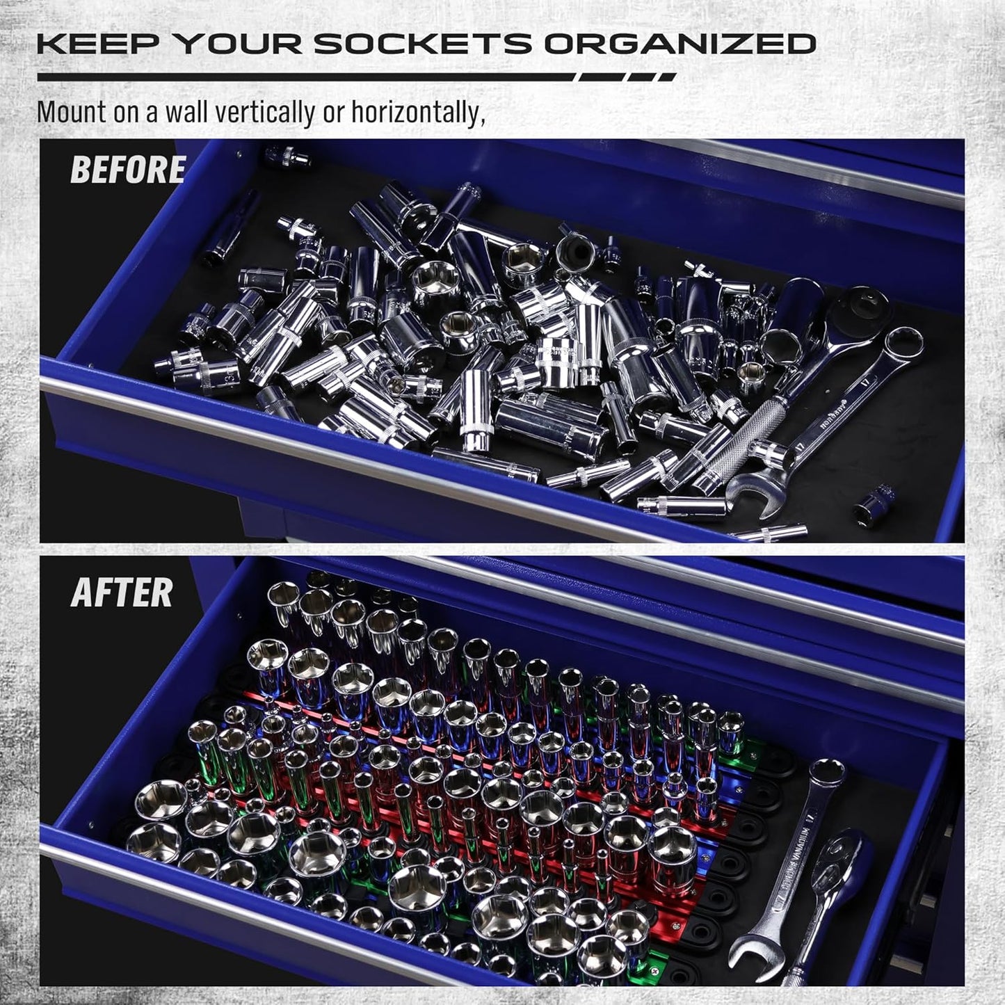 Magnetic Socket Holder Organizer Set: 9-Piece Detachable 1/4, 3/8, 1/2 Socket Trays Socket Organizer for Tool Box Drawer Holds 120-Piece Standard Size Sockets for Automotive Garage(Blue Red Green)