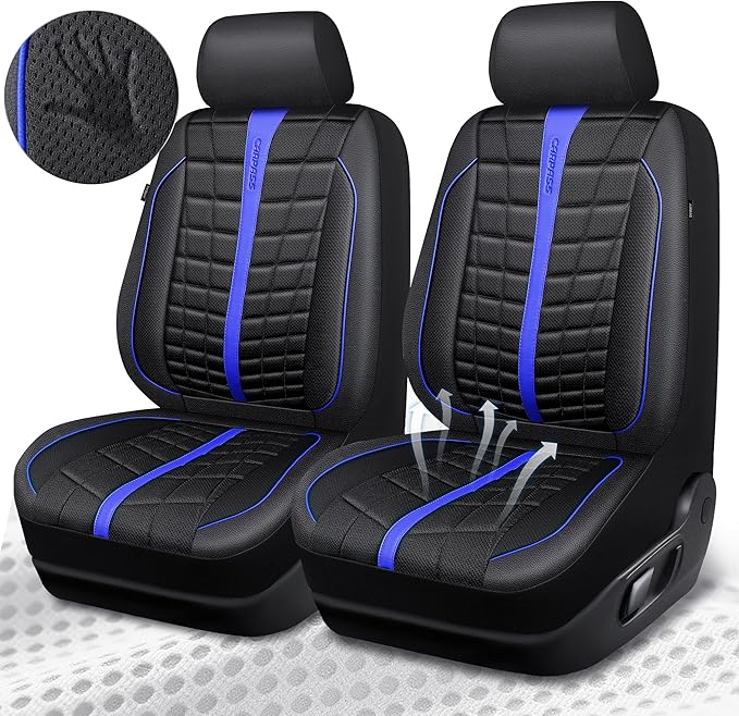CAR PASS 3D Air Mesh Black Blue Seat Covers for Car,Leather Car Seat Cover Front Seats,Breathable Foam Premium Leather Mesh Front Seat Covers Universal Fit for Cars Sedans Trucks Vans SUVs,Black Blue