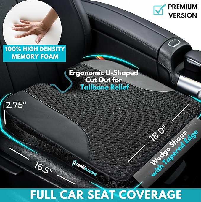 Car Seat Cushion, Extra Large Wedge Car Seat Cushion for Driving, Better Visibility, Pressure Relief Memory Foam for Sciatica & Tailbone Pain Relief, (Black Mesh)