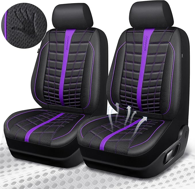 CAR PASS 3D Air Mesh Seat Covers for Car, Leather Car Seat Cover Front Seats, Breathable Foam Premium Leather Mesh Front Seat Covers Universal Fit for Cars Sedans Trucks Vans SUVs, Black Purple