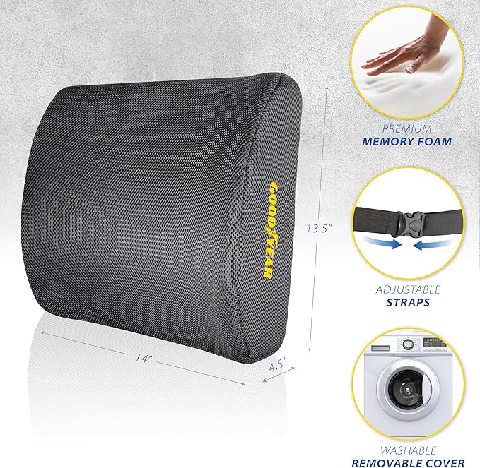 Goodyear Ergonomic Lumbar Support Pillow for Office Chair, Gaming Chair, or Car, Memory Foam Cushion with Ventilated Mesh and Adjustable Strap for Long Lasting Comfort