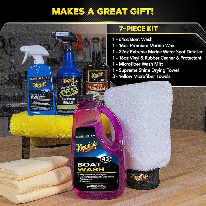 Meguiar's Boat & RV Wash & Wax Starter Kit - The Perfect Detailing Kit For Boats & RVs - Includes Wash, Wax, Water Spot Remover, Vinyl & Rubber Detailer and Cleaning Accessories