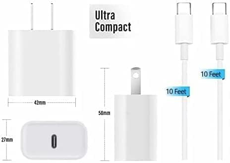 USB C iPad Fast Charger for iPad Pro 13/12.9/11 in 2025/2024/2022/2021/2020/2018,iPad Air 4th/5th Gen,Mini 6th/A17 Pro,iPad 10/A16,20W Wall Fast Charger Block with Extra Long 10FT USB C to C Cable