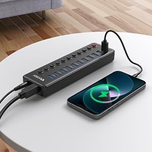 Powered USB Hub, Wenter 11-Port USB Splitter Hub (10 Faster Data Transfer Ports+ 1 Smart Charging Port) with Individual LED On/Off Switches, USB Hub 3.0 Powered with Power Adapter for Mac, PC