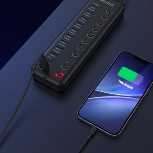 Powered USB Hub, Wenter 11-Port USB Splitter Hub (10 Faster Data Transfer Ports+ 1 Smart Charging Port) with Individual LED On/Off Switches, USB Hub 3.0 Powered with Power Adapter for Mac, PC