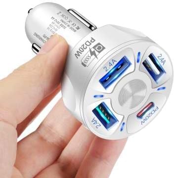4 Port USB Fast Charging Cigarette Light Car Charger 3 * 2.4 A USB/ 1 PD20W LED Light Compatible with Tablets Cameras iPhone 14 13 12 11 Pro Max X XR XS Samsung Galaxy Series Google Pixel (White)