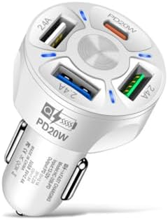 4 Port USB Fast Charging Cigarette Light Car Charger 3 * 2.4 A USB/ 1 PD20W LED Light Compatible with Tablets Cameras iPhone 14 13 12 11 Pro Max X XR XS Samsung Galaxy Series Google Pixel (White)