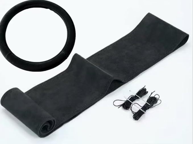 Steering Wheel Cover (Suede Leather), DIY Hand Sewn, Suitable for Both Men and Women, 15 inch Universal（Black）