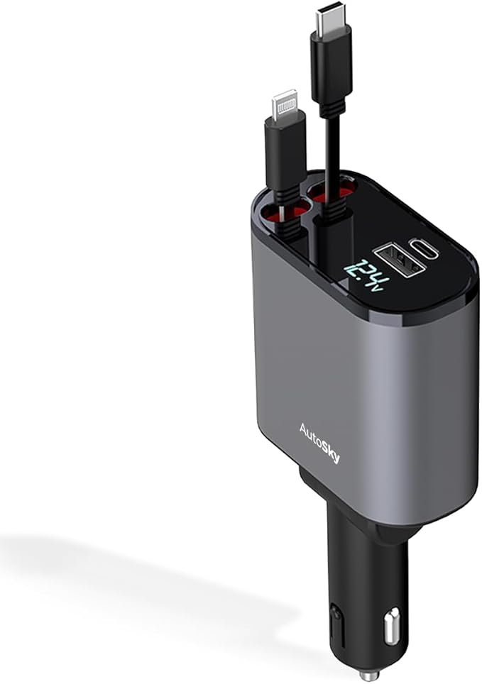 AutoSky 4-in-1 Retractable Fast Charger, for Cars: 100W Car USB-C & iPhone Cable, USB-C/A Ports - Compatible with iPhone, Galaxy, Pixel and More.