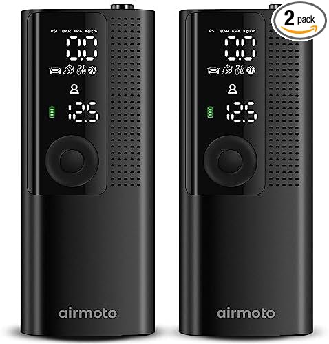 Airmoto Tire Inflator Portable Air Compressor - Air Pump For Car Tires with Digital Pressure Gauge, LED Light and Auto Shut-Off Function - Cordless Pump for Car, Motorcycle, Bicycle, Ball (Pack of 2)