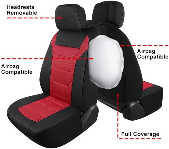 3D Air Mesh Car Seat Cover Full Sets Washable and Breathable Premium Cloth Automotive Vehicle Seat Covers for Cars Interior, Universal Fit for Most Cars, Sedan, Truck, SUV(Black/Red)