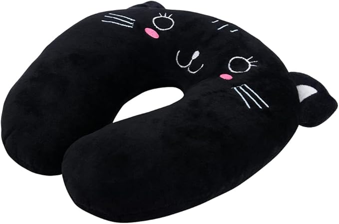 Travel Pillow for Kids, Cute Animal Neck Pillow Support U Shaped Cushion Plush Soft Rest Reading Pillows Sleeping Pillows for Airplane Train Car (Color:Black cat)