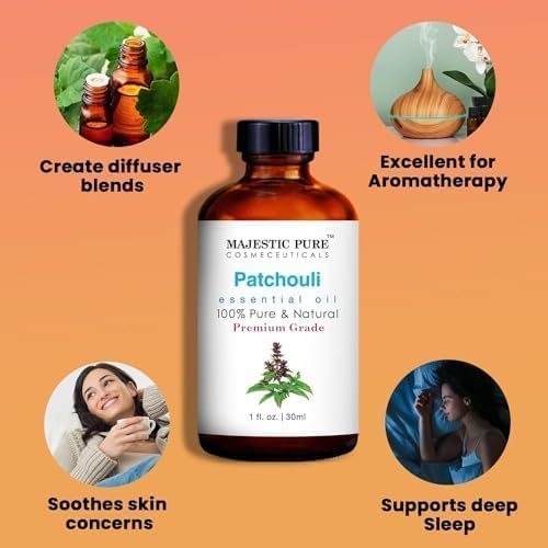 Majestic Pure Essential Oil with Glass Dropper - 100% Pure and Natural - Essential Oils for Diffuser, Aromatherapy, Soap and Candle Making, Patchouli Essential Oil, Patchouli Oil, 1 Fl Oz