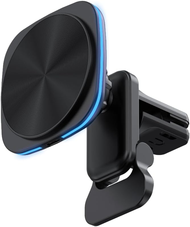 Car Phone Mount – 15W Magnetic Wireless Charger for 12-15 Series, Reliable and Efficient Wireless Charging Phone Holder(Black with Blue Light)