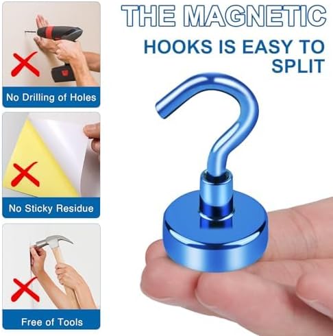 LOVIMAG Magnetic Hooks for Cruise Cabins, 80lbs Blue Magnetic Hooks for Classroom, Strong Magnets with Hooks for Hanging, Neodymium Magnet Hooks for Fridge, Ceiling, Locker, Camper, Travel-25 Pcs