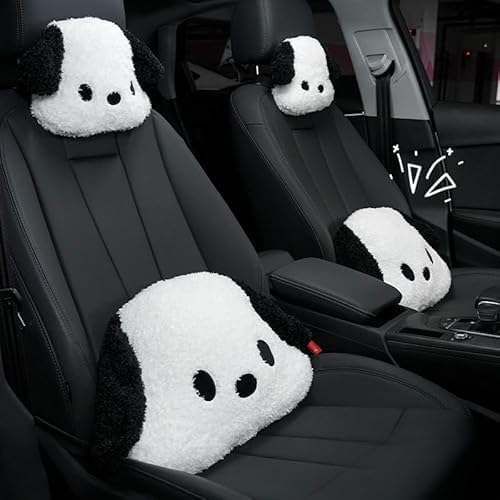 Cute Car Headrest & Lumbar Support Seat Cushion Adorable Black & White Dog Pattern, Comfortable & Durable Accessories Pillow, Set Includes 1Headrest &1 Lumbar Support
