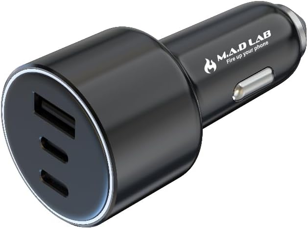 M.A.D Lab 84W Fast Car Charger USB C for Road Trips Family Travel, Smart Power Distribution & Overheat Protection, Dual 33W USB-C & 18W USB-A, Multi-Port for iPhone 16, iPad, Android, Galaxy and More