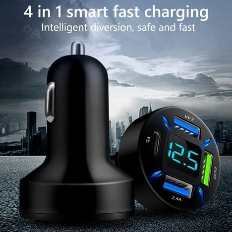 66W 4-Port Car Charger – PD & QC 3.0 Fast Charging Cigarette Lighter Adapter, Dual Type-C + Dual Type-A Ports Compatible with iPhone, Android & Tablets