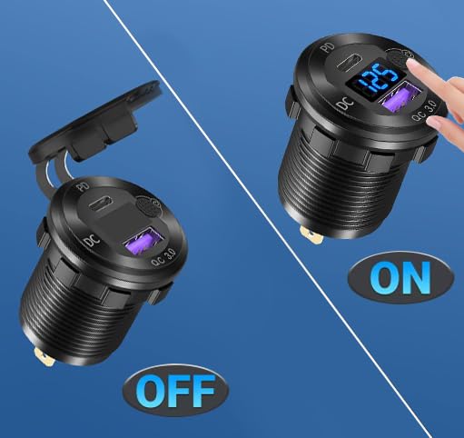Aluminum Alloy USB C Car Charger Socket,12V USB C Outlet, PD 36W and Quick Charge 3.0 18W Dual Port Waterproof Power Adapter with Voltmeter and Switch for Marine Truck Motorcycle Boat Golf cart RV