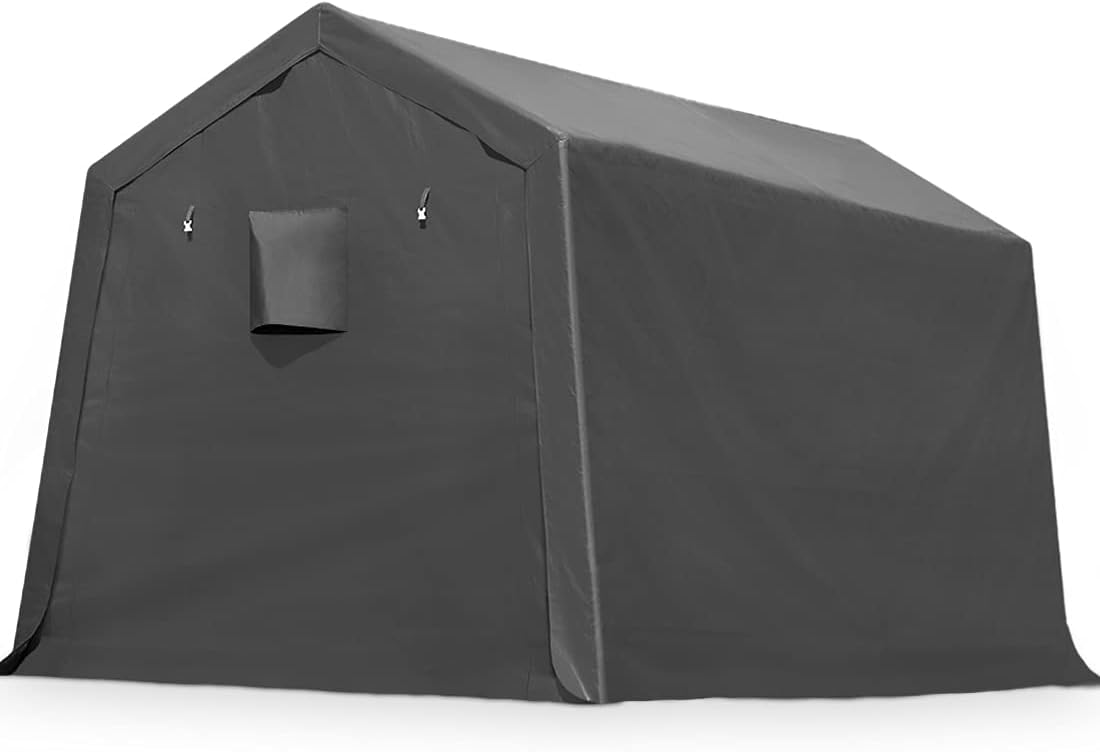 ADVANCE OUTDOOR 8x14 ft Steel Metal Peak Roof Portable Garage Shelter Storage Shed Carport for Motorcycle, Bike or Garden Tools with 2 Roll up Doors & Vents, Gray