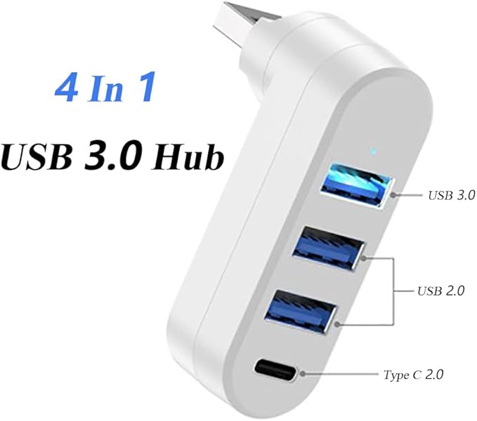 2 Pack 4-in-1 USB 3.0 Hub with Rotation, Multi-Port Adapter with 3 USB Ports and 1 USB C Port, High-Speed Data USB 3.0 Hub Compatible with Laptop/Table/Cellphone/Keyboard/Printer/MacBook