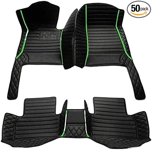 Custom Floor Mats for Cars，Luxury Full Coverage All Weather Car Floor Mats，Leather Car Mat Set ， Floor Mats for 99% of Cars, Trucks & SUVs (Black Double Stitched Edge Green Stripe)