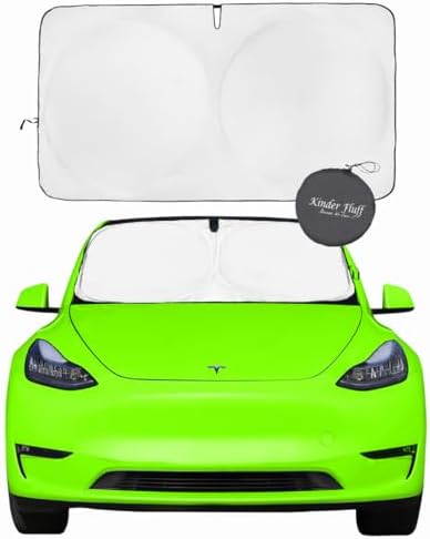 Kinder Fluff Windshield Sunshade for Tesla 3 & Y | Patented Car Sun Protection - Certified 99% UVR Block - Cool Car Interior | Foldable Sun Visor Cover | Automotive Accessories for Summer