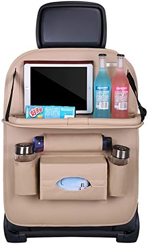 Premium PU Leather Backseat Seat Organizer with Foldable Table, Multi-Storage Pockets and Adjustable Buckle Strap - Beige