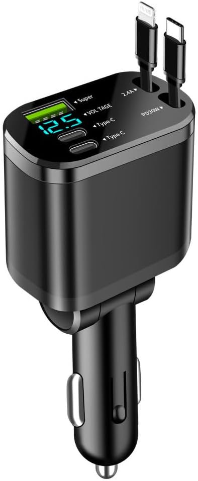 90W Multi-Port Car Charger with Voltage Detection, Super USB-A +2C Fast Charging with Cable L2.4A +PD30W Retractable Cable for iPhone15/16, Compatible with iPhone/Samsung/Android/iPad and More