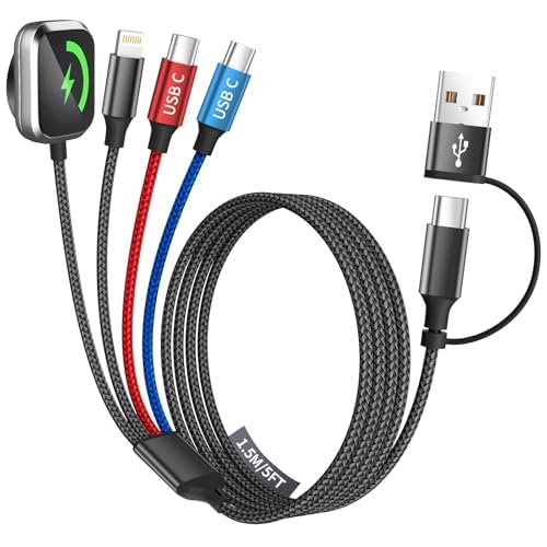 Dual Type-C Port 4 in 2 USB C Cable for iWatch Charger/iPhone 17, Travel Charger Multi Charging Cable Cord for iWatch Ultra/SE/10-1, iPhone16-8, iPad, Android, Car, Cruise Essentials - 1Pc 5FT