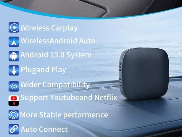 3 in 1 Wireless CarPlay Auto AI Box Lite for Factory Wired CarPlay Cars, Supports Android 10.0 System+ Wireless Carplay + Android Auto, TF Card U Disk, Plug & Play, Easy Setup
