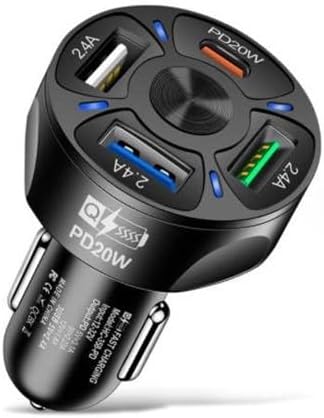 4 Port USB Fast Charging Cigarette Light Car Charger 3 * 2.4 A USB/ 1 PD20W LED Light Compatible with Tablets Cameras iPhone 14 13 12 11 Pro Max X XR XS Samsung Galaxy Series Google Pixel Android/iOS